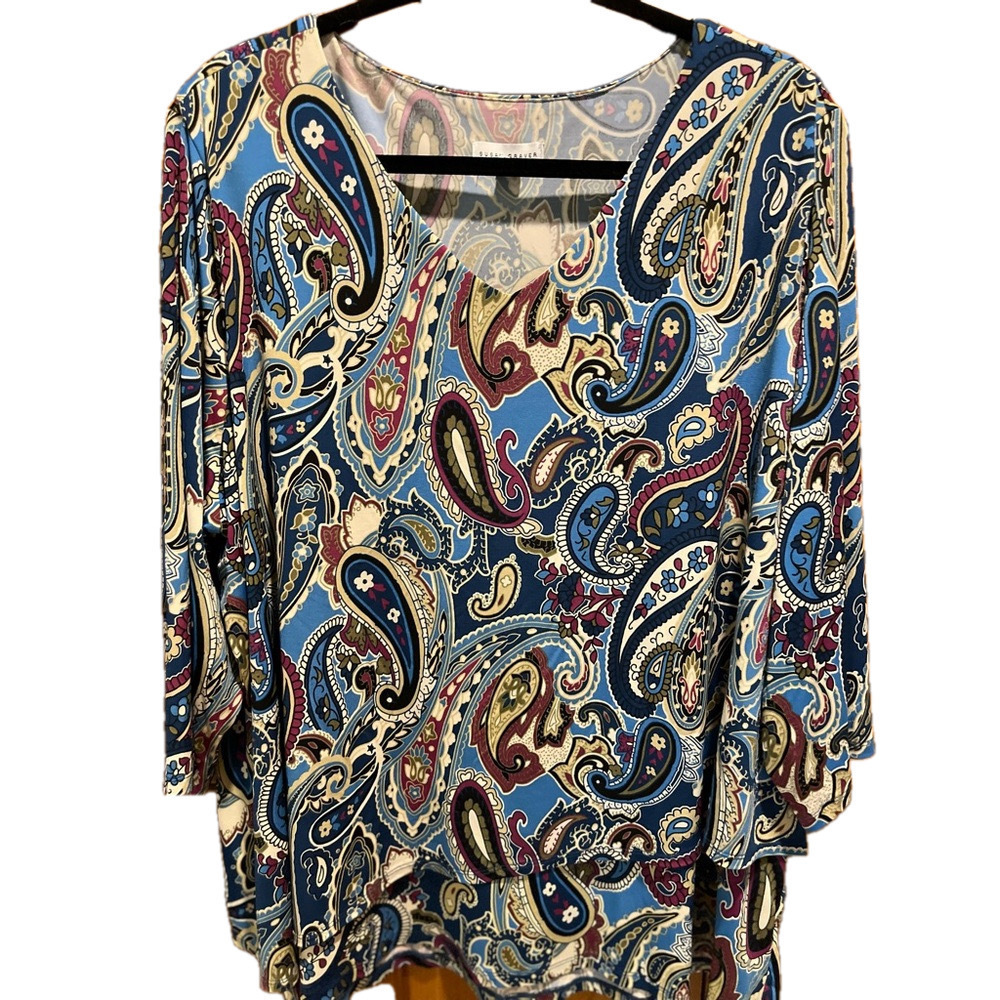 Susan Graver Blue Multi Paisley V-Neck Knit Top